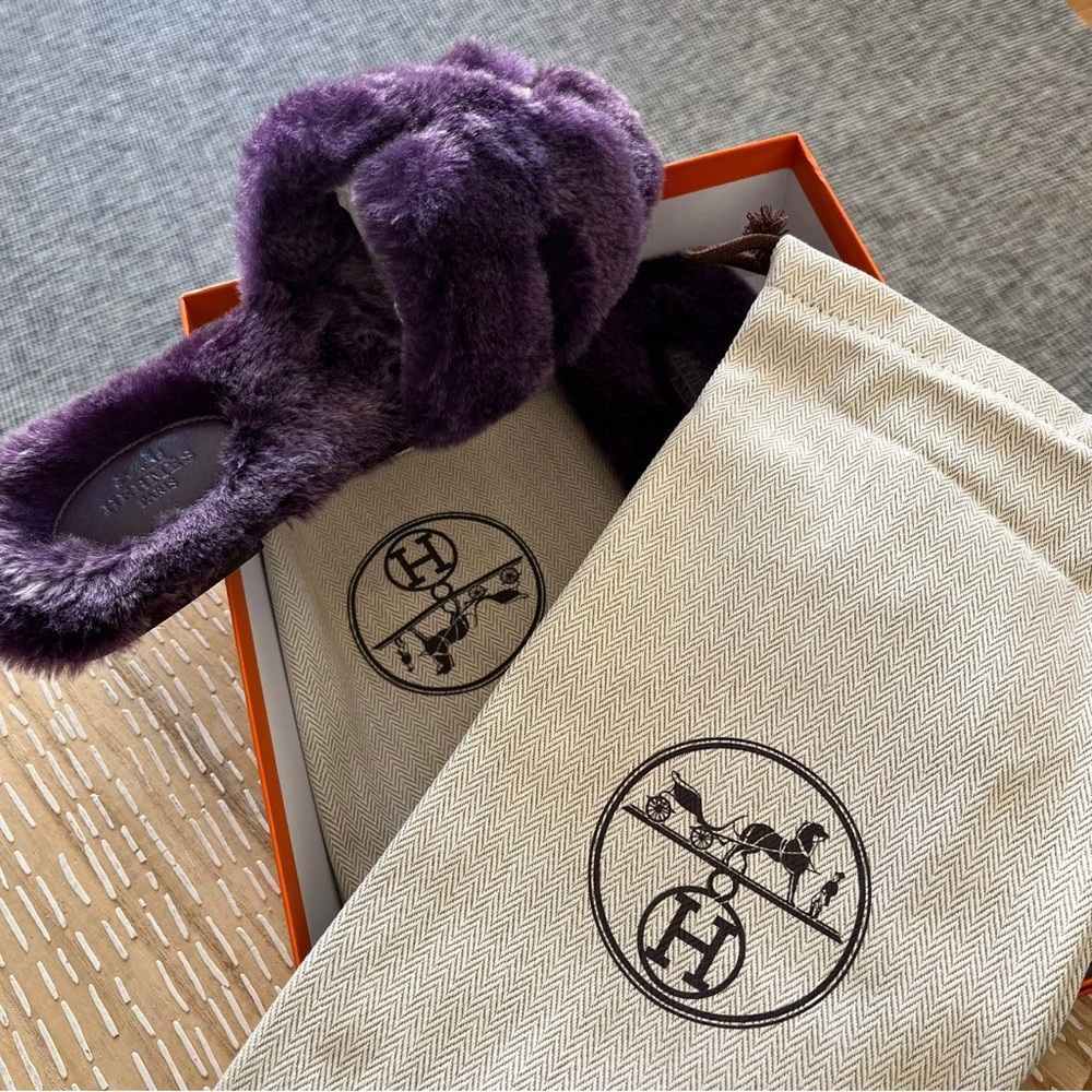 Hermes Luxurious Purple Shearling Slippers